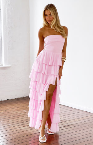 Beginning Boutique Kim Pink Strapless Ruffle Maxi Dress pink strapless tiered ruffle maxi with high split and lace-up side