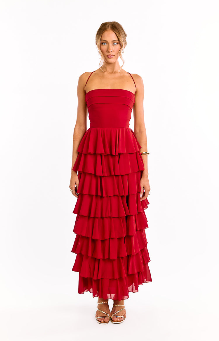 Kim Red Strapless Ruffle Maxi Dress | Beginning Boutique AU