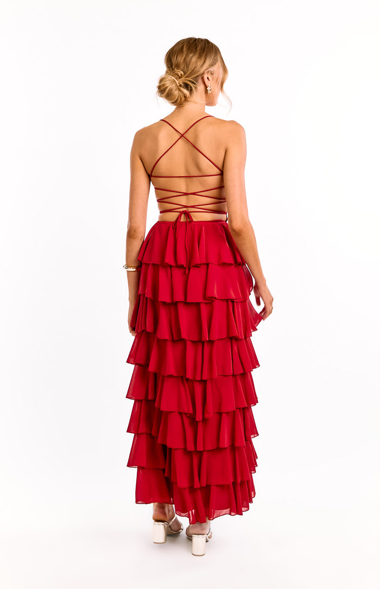 Beginning Boutique Kim Red Strapless Ruffle Maxi Dress red strapless maxi with tiered ruffles and a lace-up back