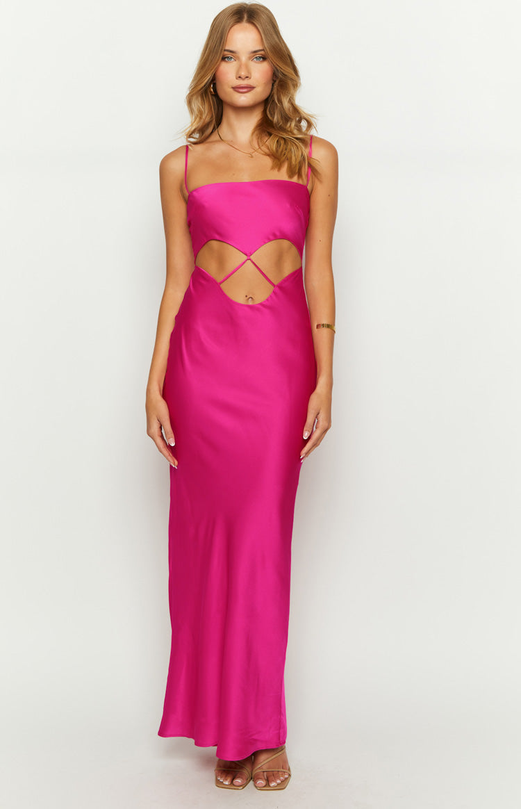 Beginning Boutique Kimmi Pink Maxi Dress hot pink satin straight neckline maxi with spaghetti straps and midriff cutouts with criss-cross detail