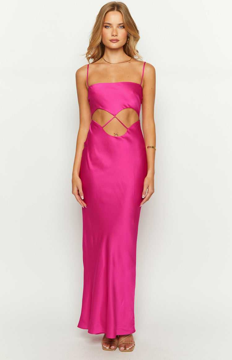 Hot pink satin maxi dress with square neckline, spaghetti straps, and criss-cross waist cutouts