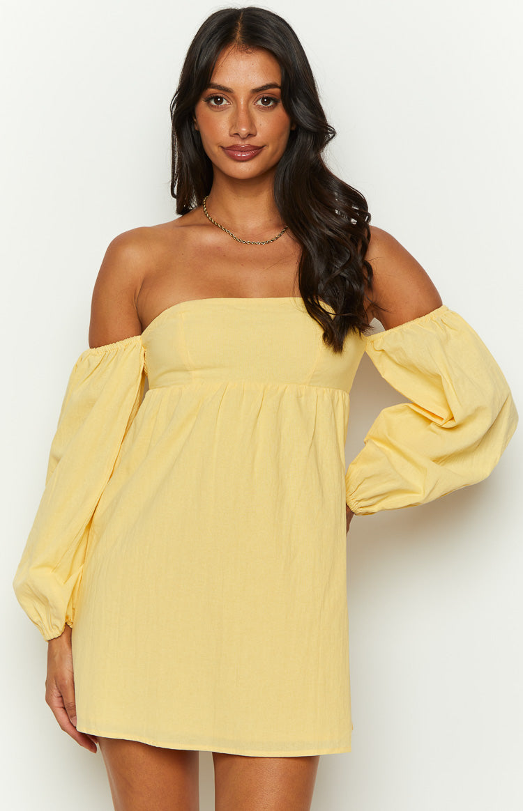 Yellow long sleeve off the shoulder dress sale