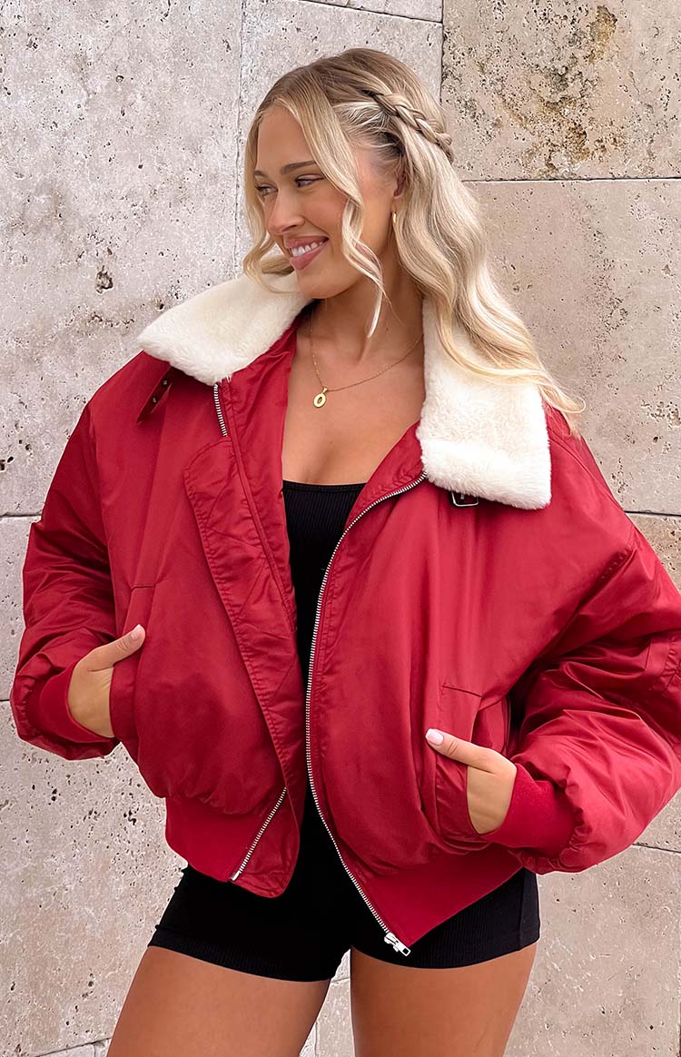 Beginning Boutique Lioness Carla Mulberry Puffer Jacket red oversized bomber jacket with white faux fur collar and zip front