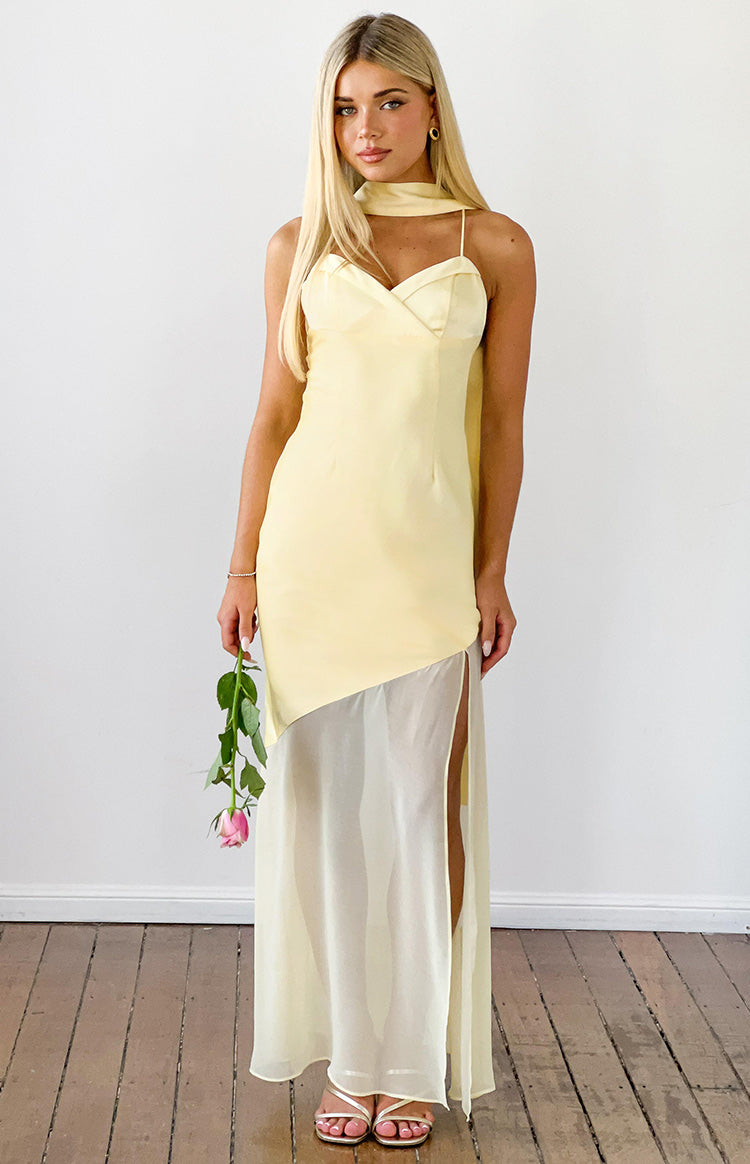 Beginning Boutique Laila Yellow Satin Scarf Formal Maxi Dress pale yellow satin V-neck maxi with scarf neck, spaghetti straps