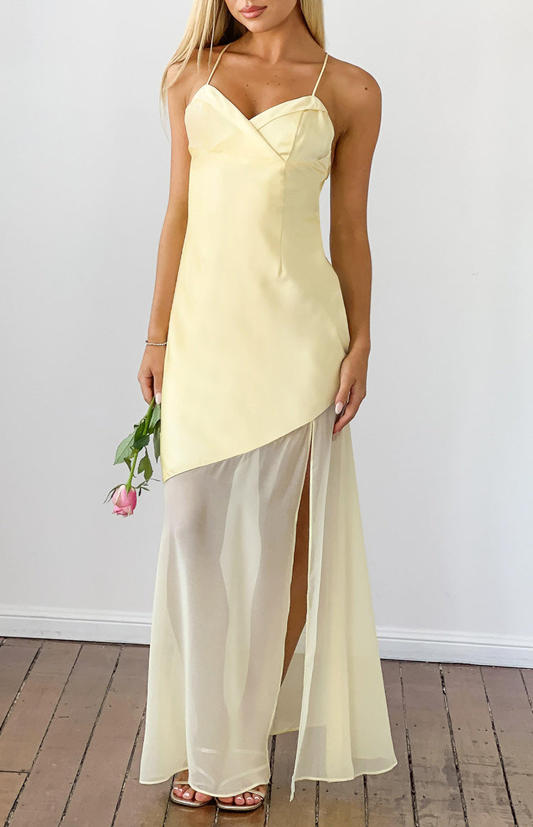 yellow dress with neck scarf Laila Yellow Satin Scarf Formal Maxi Dress