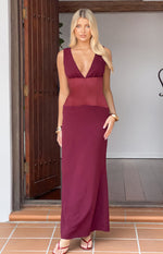 Burgundy satin maxi dress with a deep V-neckline and a contrasting maroon satin panel on the fitted bodice
