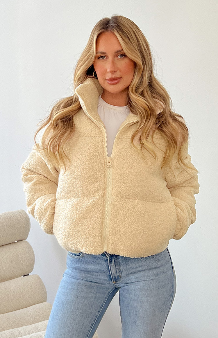 Beginning Boutique Laria Teddy Puffer Jacket cream teddy cropped puffer jacket with high collar and full zip