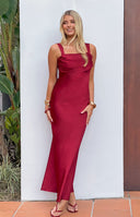 Rear view of a wine satin maxi dress with a low scoop back and tie-back detail