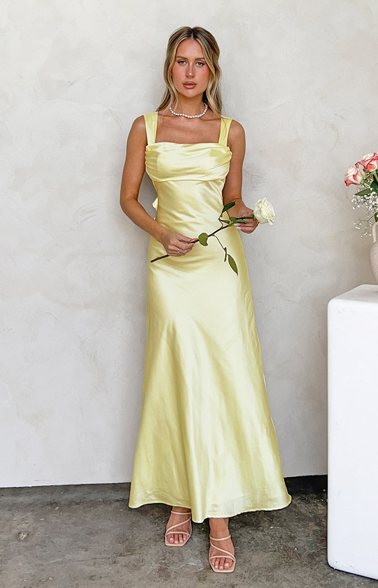 Laria Yellow Satin Formal Maxi Dress - Main Image