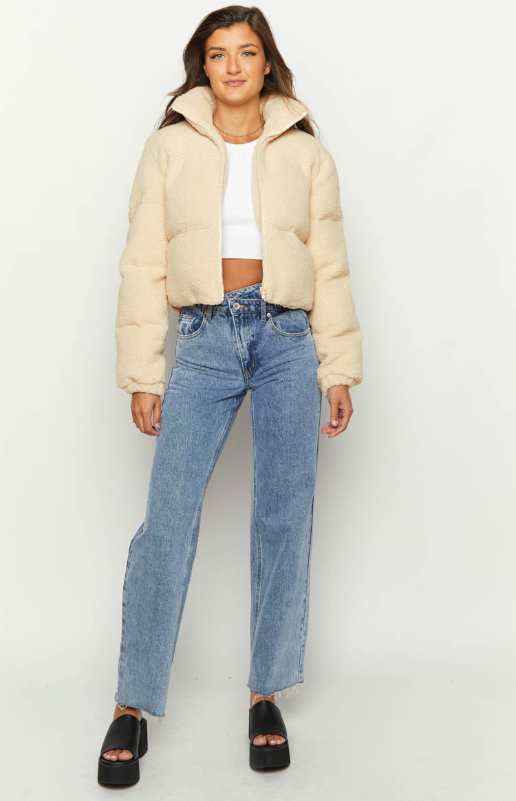 Cream cropped teddy puffer jacket with a full zip front and high collar
