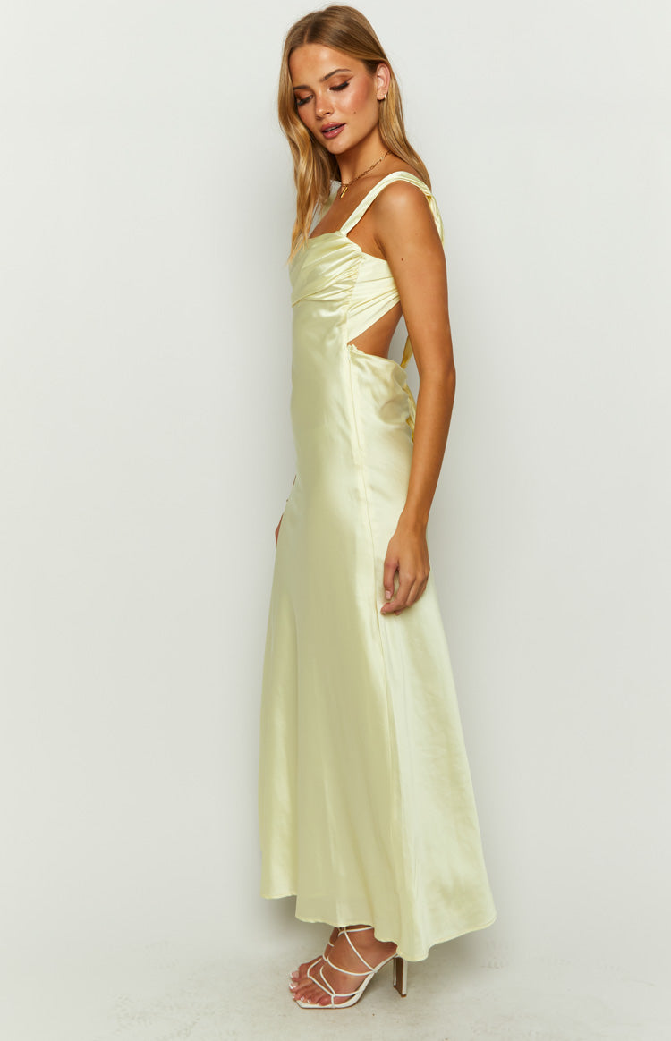 Laria Yellow Satin Formal Maxi Dress | Beginning Boutique AU