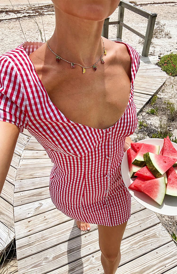 Beginning Boutique Lauree Red Gingham Button Front Mini Dress red gingham sweetheart neckline puff sleeve fitted mini dress