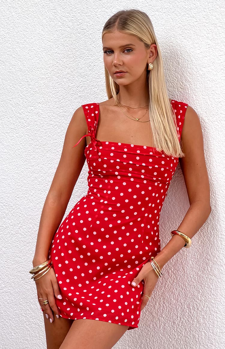 Beginning Boutique Layla Red Polka Dot Tie Back Mini Dress red polka dot mini dress with square neckline ruched bust and shoulder tie straps
