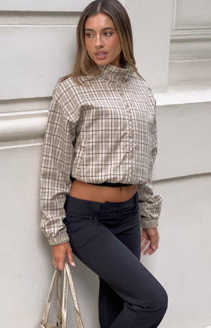 Beginning Boutique Lee Beige Plaid Funnel Neck Jacket beige plaid funnel neck cropped jacket with long sleeves and elasticate