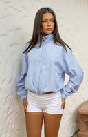 Beginning Boutique Lee Blue Stripe Funnel Neck Jacket light blue and white striped funnel neck jacket with full zip front and