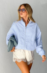 Beginning Boutique Lee Blue Stripe Funnel Neck Jacket light blue and white striped funnel neck jacket with full zip front and