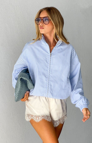 Beginning Boutique Lee Blue Stripe Funnel Neck Jacket light blue and white striped funnel neck jacket with full zip front and