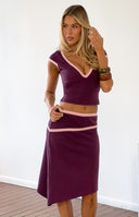 Beginning Boutique Levi Grape Contrast Bind Jersey Top grape jersey crop top with pink contrast V-neck and short cap sleeves