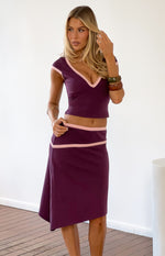 Grape asymmetric midi skirt with two pink contrast bind lines on the waist