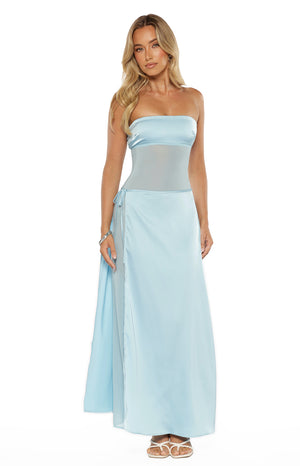 Beginning Boutique Lidia Blue Wrap Front Maxi Dress light blue strapless bandeau with sheer mesh midriff and satin wrap front skirt with side tie
