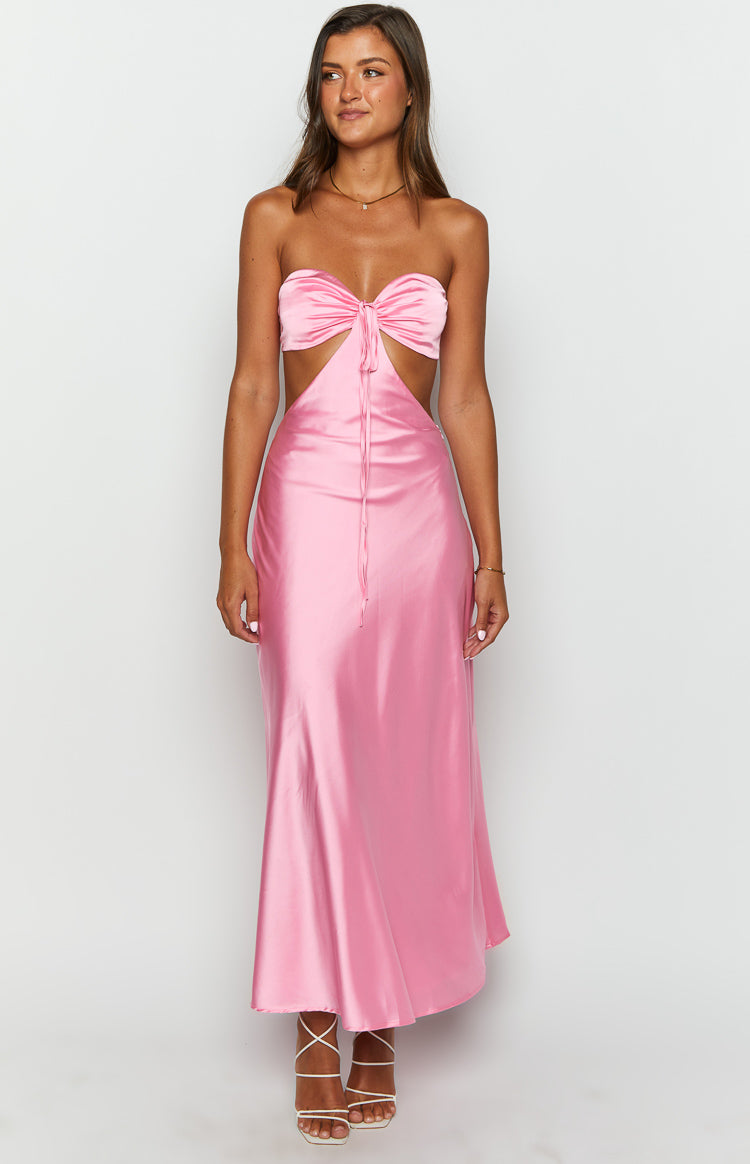 Shop Formal Dress - Lili Pink Satin Strapless Maxi Dress third image