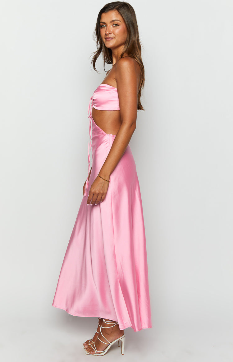 Shop Formal Dress - Lili Pink Satin Strapless Maxi Dress fourth image
