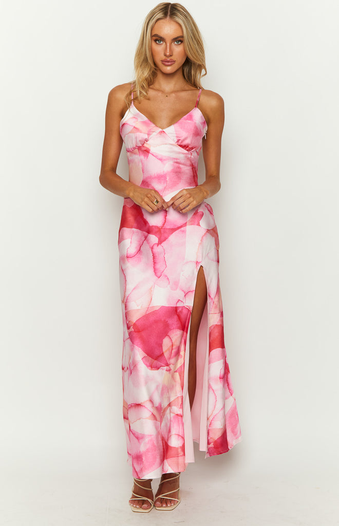 Lilie Pink Satin Print Maxi Dress – Beginning Boutique