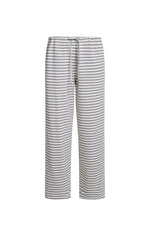 A pair of cropped lounge pants featuring a horizontal stripe pattern with alternating white and grey stripes. This pants have a relaxed straight fit ending above the ankles and are finished with an elasticized waistband and a thin white drawstring tie.