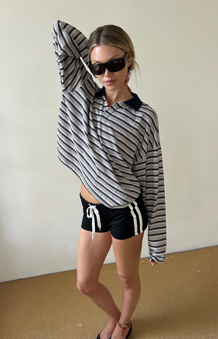Beginning Boutique Lioness Rebels Jersey Noir Stripe grey black and red striped oversized long sleeve polo jersey with a black collar