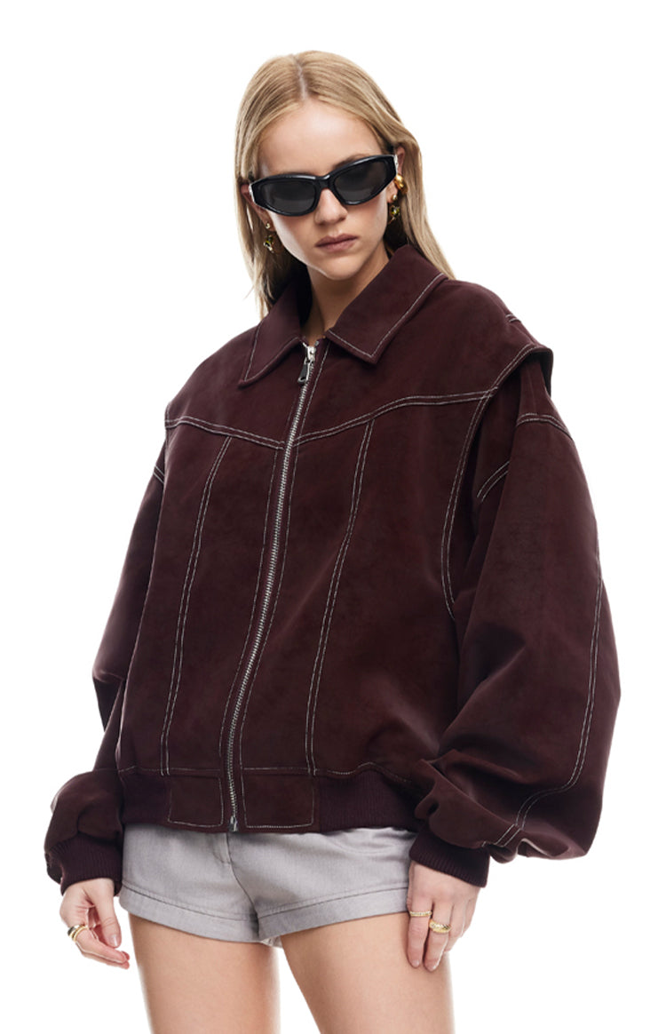 Shiraz oversized bomber jacket with wide collar, dropped shoulders, and white contrast stitching
