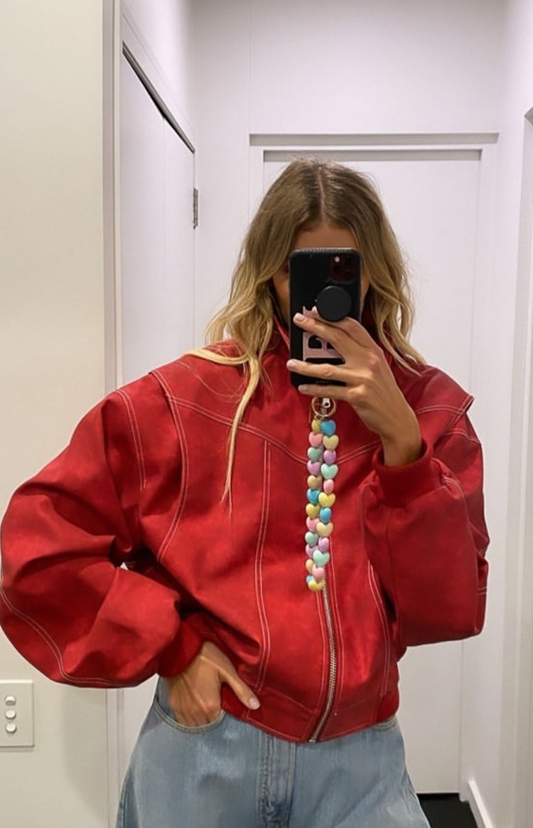 Beginning Boutique Lioness Vista Crimson Bomber Jacket crimson red oversized bomber jacket with white contrast stitching zip front and ribbed cuffs
