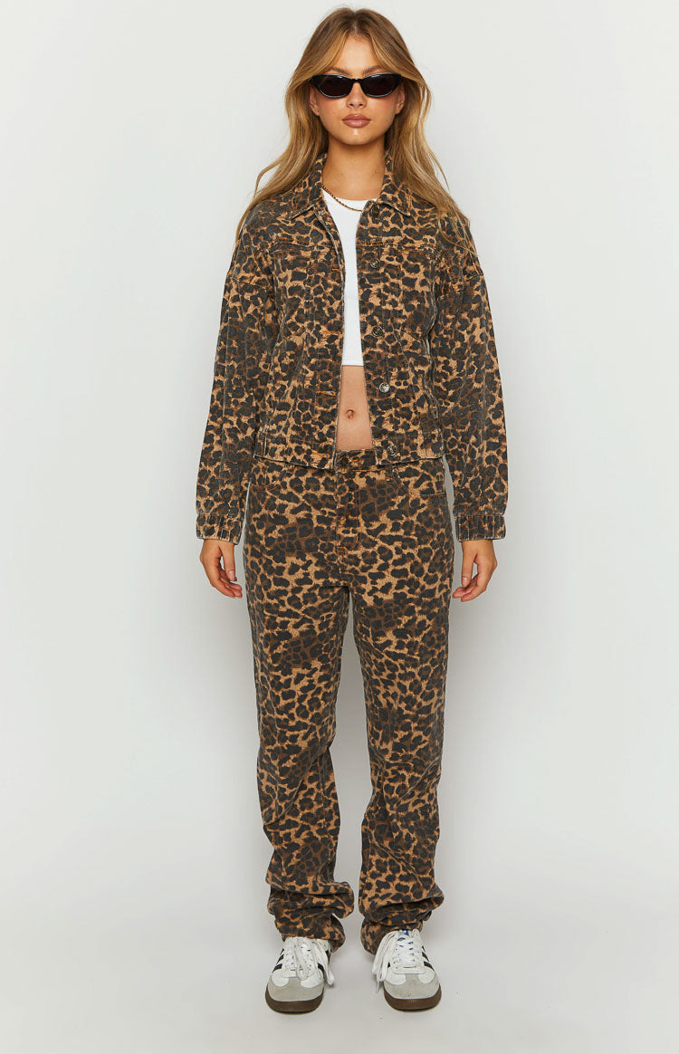 Brown and black leopard print straight leg jeans, full length, showing the relaxed fit