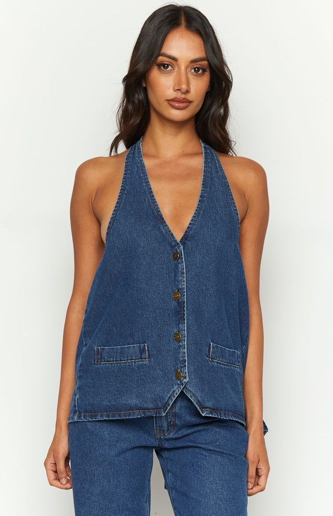 Lioness Hills Halter Dark Denim Vest Beginning Boutique
