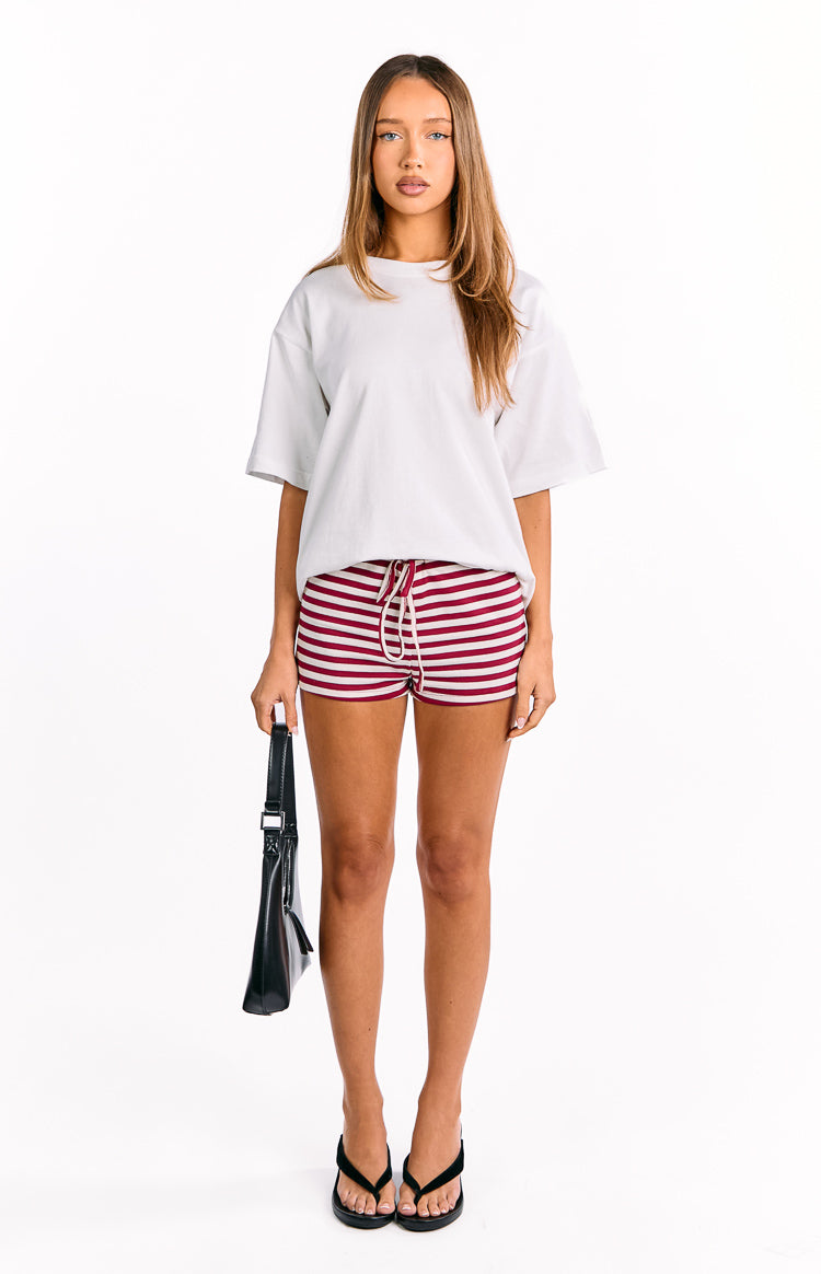 Front view of wine stripe bloomers with a white drawstring waist and short fitted cut