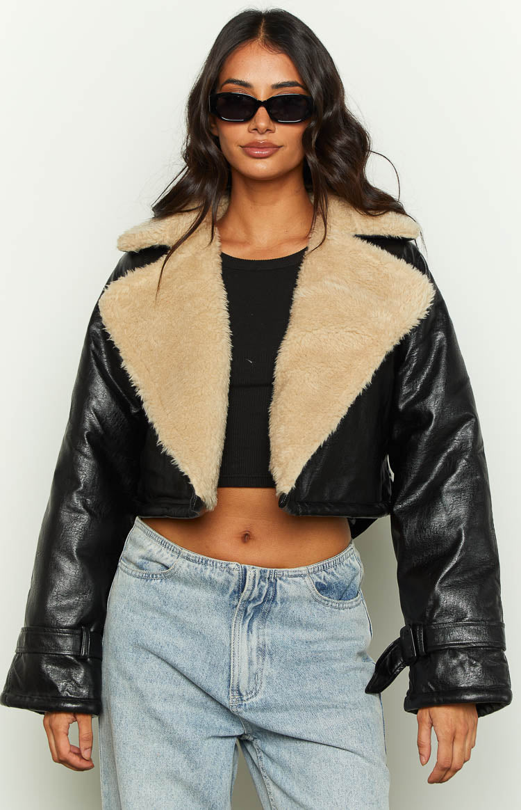 Beginning Boutique Lioness Off Duty Onyx Jacket black faux leather cropped jacket with beige faux fur collar and buckle sleeve details