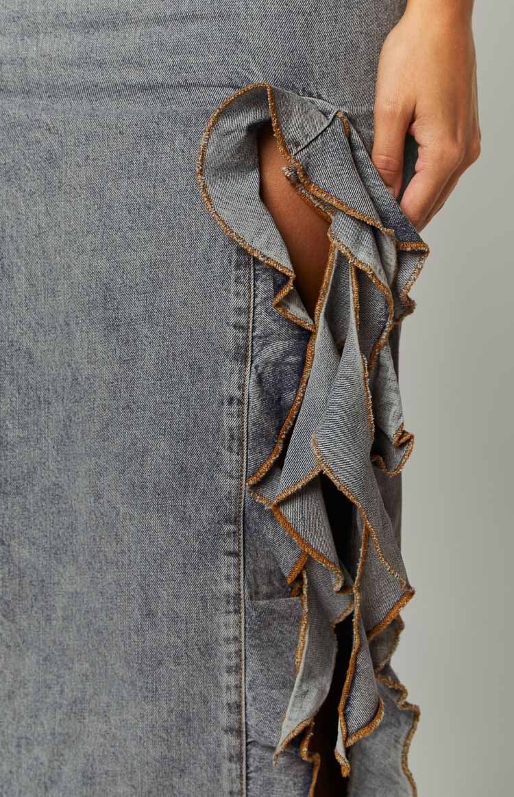 Lioness Rendezvous Faded Denim Maxi Skirt Image