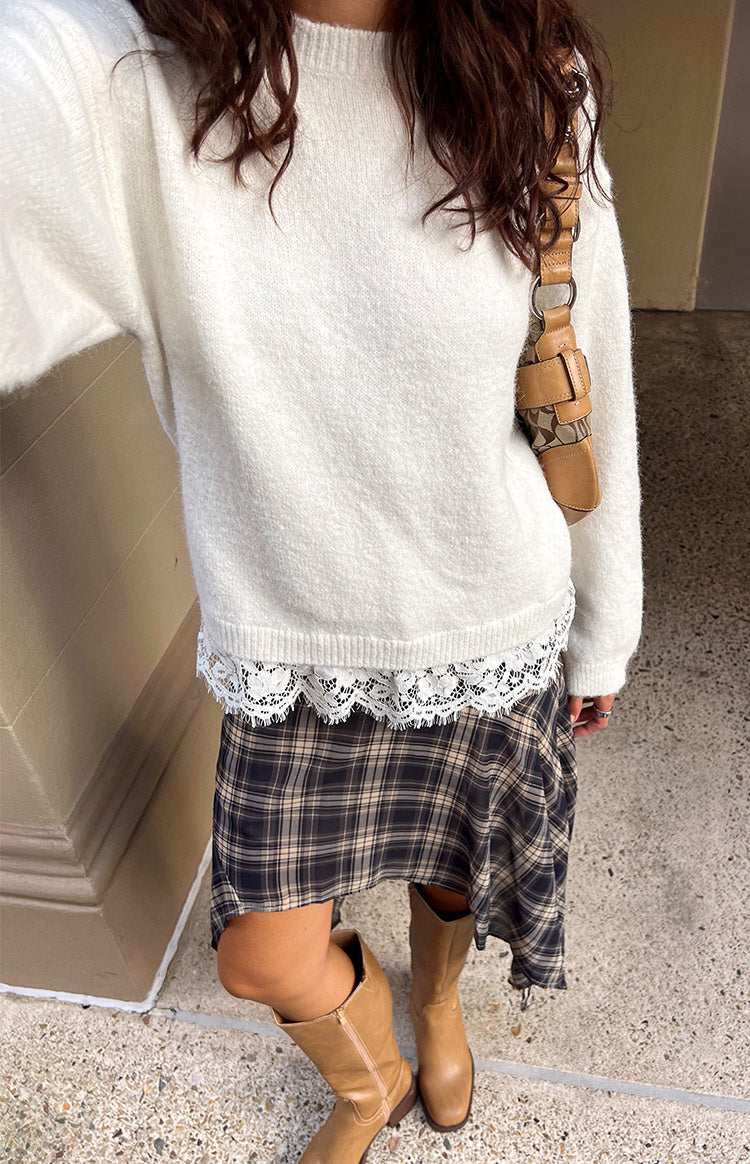 Beginning Boutique Lolly Cream Lace Trim Knit cream soft knit sweater with a round neck, relaxed fit, and white lace trim at the hem