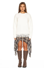 Front view of a cream knit sweater with a round neckline, long sleeves, and white lace trim at the hem