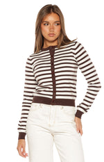 Chocolate and white striped knit cardigan with a round neck, full button-front, and ribbed cuffs