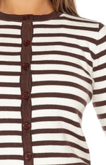 Close-up of the chocolate brown and white striped knit cardigan, showing the round neck and button placket
