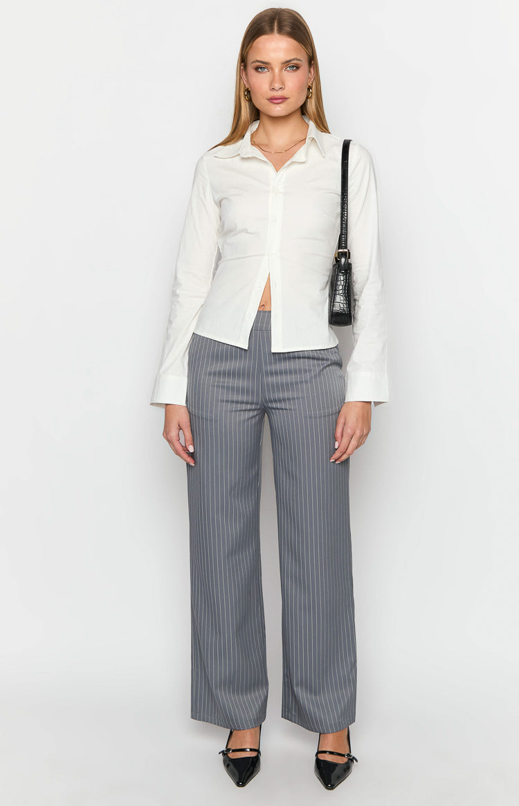 Full length front view of grey wide-leg pants with white pinstripes