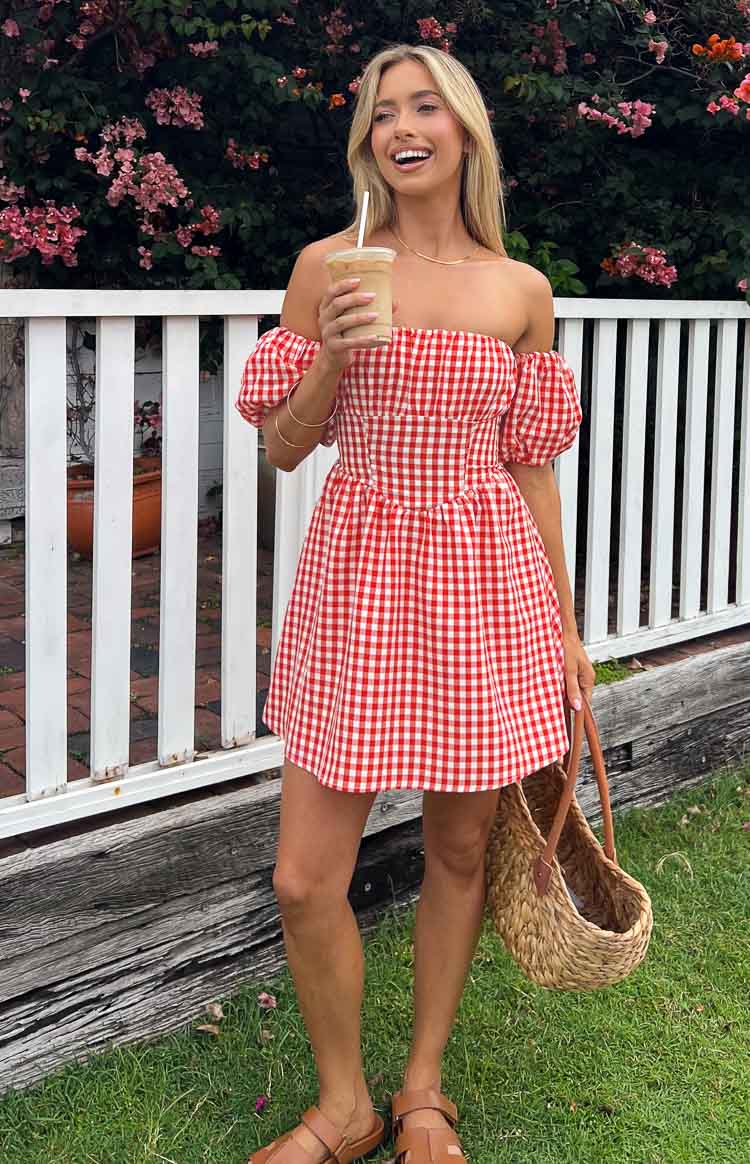 Love Lost Off The Shoulder Red Gingham Mini Dress Image