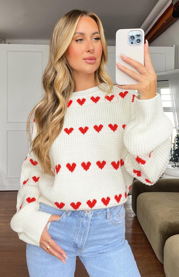 Beginning Boutique Lovey Red Heart Stripe Jumper white knitted crew neck jumper with red heart stripe pattern and long puff sleeves