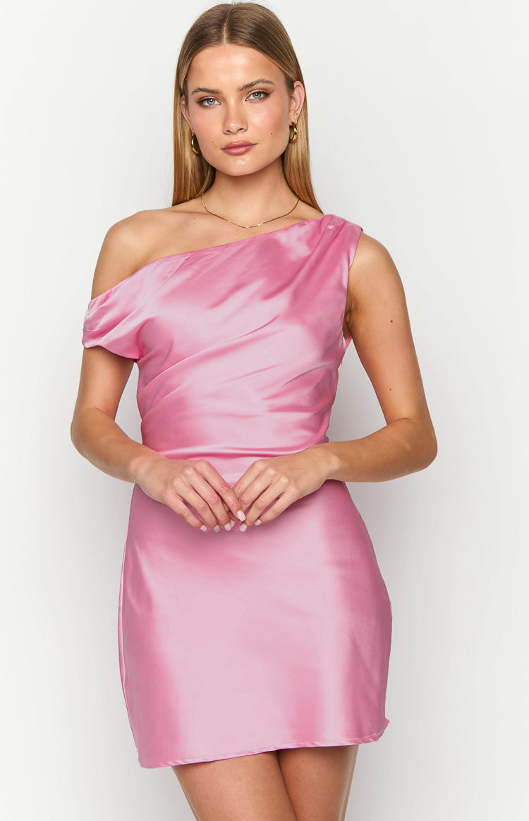 Pink satin mini dress with a one-shoulder neckline and draped detail on the bodice