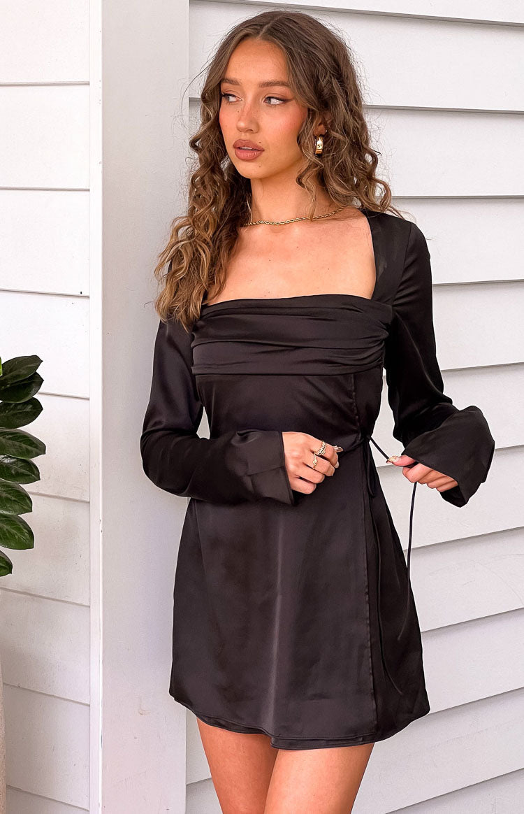 Beginning Boutique Lucy Black Satin Long Sleeve Mini Dress square neck ruched bodice wrap tie skirt