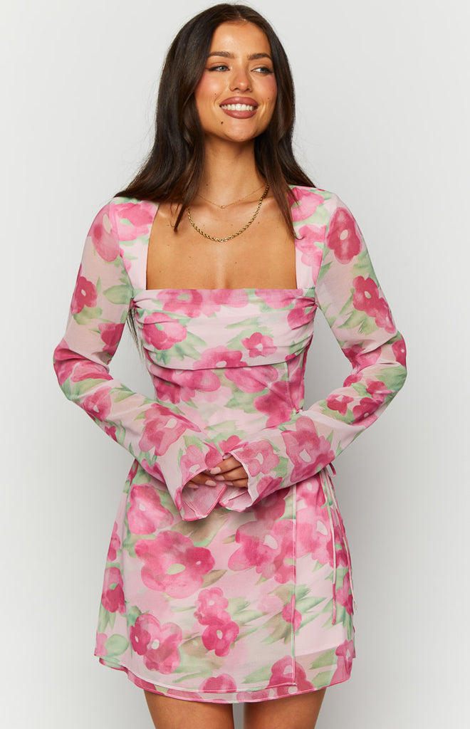 Lucy Pink Floral Print Long Sleeve Mini Dress – Beginning Boutique