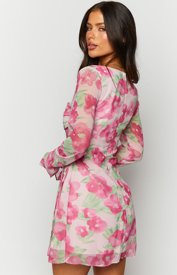 Lucy Pink Floral Print Long Sleeve Mini Dress Image