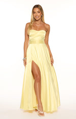 Yellow satin strapless maxi dress with a ruched bust, wide waistband, and a high leg split