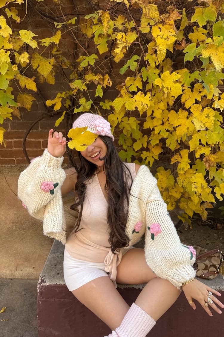 Beginning Boutique Luella White Flower Knit Cardigan cream chunky knit cardigan with 3D pink floral appliqués and balloon sleeves