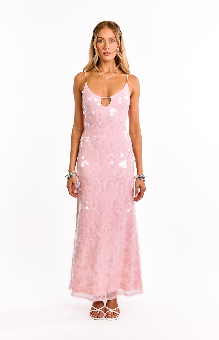 Front view of a pink sequin maxi dress with a keyhole cutout at the bust and thin spaghetti straps